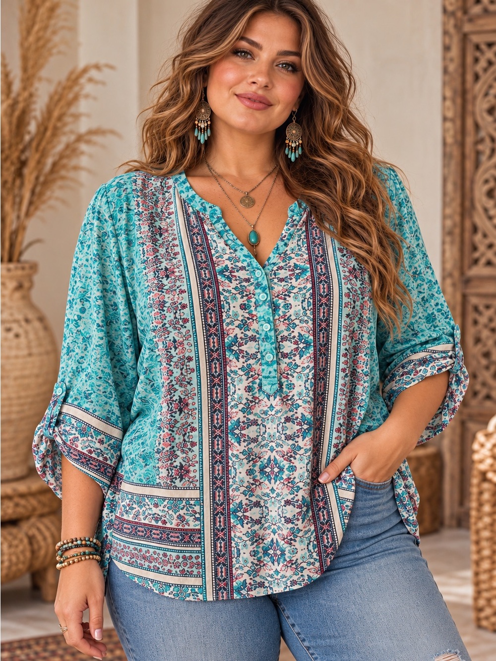 Style & Co Floral Prairie Boho Roll Tab Sleeve
Blouse Size XL